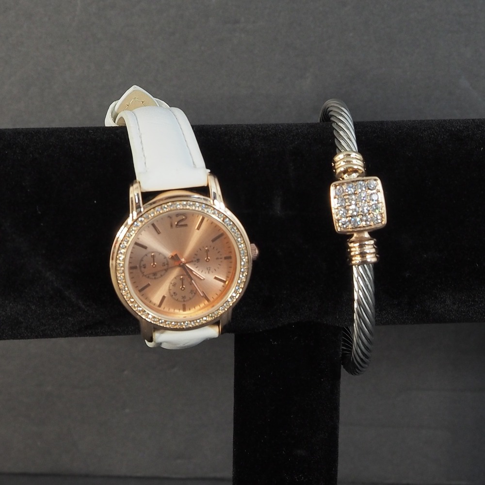 Quartz Watch Bracelet Match Set Rose Gold Tone White Strap Rhinestone Bezel FMD